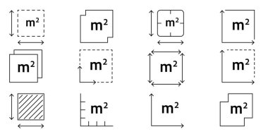 Metre kare simgesi ve M2 işareti. Düz alan ölçümünün vektör çizgisi çizimi. Arazi büyüklüğü, ev boyutları, gayrimenkul ya da oda metrekaresi sembolü doğrusal olarak. Vektör illüstrasyonu