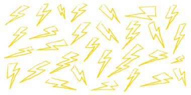 Boya kalemi tebeşiri ve kalem stilinde yıldırım deseni çizimi. Çocuklar için el çizimi şirin yıldırım çizimi. Hava tasarımı için beyaz zemin üzerinde karalama çizgileri olan Pastel çizgi film yıldırımı. Vektör