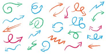 Kalem ve işaret desenli vektör okları. Elle çizilmiş karalama tarzı ok simgeleri, yarım yamalak eğrileri ve yönleri var. Beyaz arka planda sol ve sağ alt çizgi elementleri. Vektör