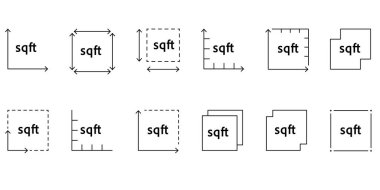 Metre kare simgesi ve FT2 işareti. Mülk alanı ölçümünün vektör çizgisi çizimi. İmparatorluk sisteminde zemin alanı ya da arazi büyüklüğü sembolü. Vektör illüstrasyonu
