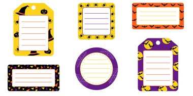 Yuvarlak, kare ve dikdörtgen cadılar bayramı etiketleri. Cadılar Bayramı çıkartmaları ve etiketleri. Yarasalar, örümcekler, turuncu şapkalar, mor, sarı ve siyah renkler. - Evet. Vektör illüstrasyonu