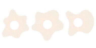 Yuvarlak dalga ikonları koleksiyonu. Ses sinyalini, radyo yankısını, hoparlör ritmini, radar titreşimini, hacmini ve dairesel ses teknolojisini temsil eden kırık eşmerkezli çemberler. Vektör