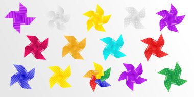 Beyaz oyuncak döner kağıt yelken fırıldak üzerinde izole vektör renkli rüzgar fırıldağı... Gökkuşağı değirmeni tasarımı... çocukluk oyun konsepti... yaz esinti çocuk çiçek çizimi. Vektör