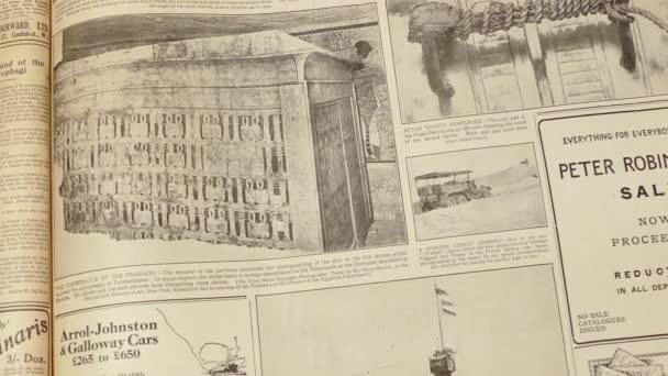 Old Big Book 1924 Times Collected Newspaper Pages Tutankhamun Tomb — Stock Video