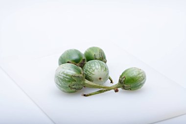 Fresh green round mini eggplant healthy vegetable photographed with white base and background clipart