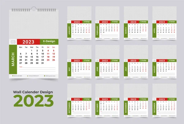 2023 Modello Calendario Calendario Parete Mensile Felice Anno Nuovo Calendario — Vettoriale Stock