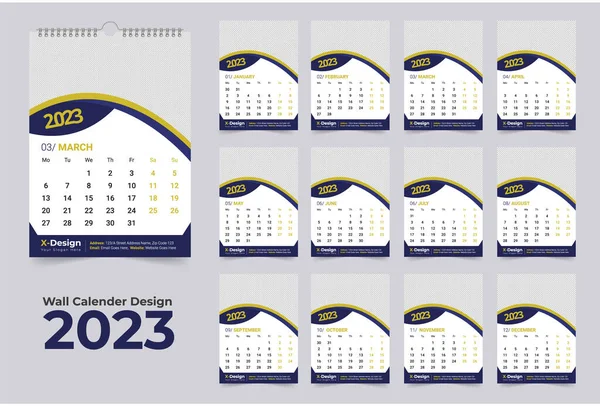 2023 Πρότυπο Ημερολόγιο Μηνιαίο Ημερολόγιο Τοίχου Ευτυχισμένο Νέο Έτος Ημερολόγιο — Διανυσματικό Αρχείο