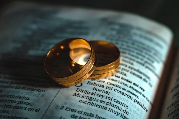 Golden gold wedding rings on the bible