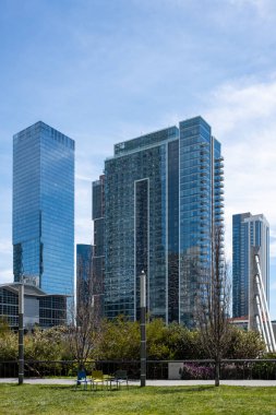 Güneşli bir günde San Francisco 'da bulunan Satış Gücü Parkı' ndaki yüksek gökdelenlere karşı büyüyen aynalı çitlerin ve egzotik bitkilerin yanında Paved geçidi.