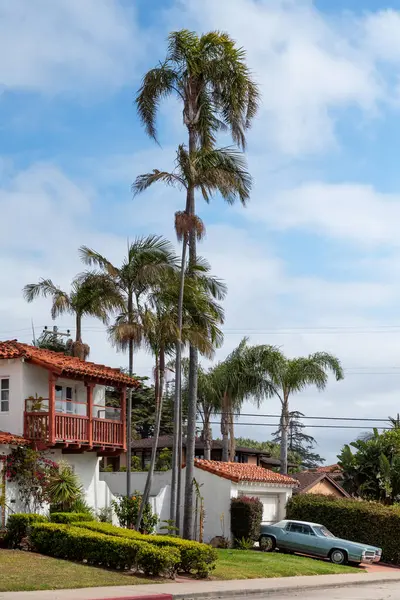 San Diego, Kaliforniya 'da park edilmiş palmiye ağaçları ve retro arabası olan modern bir ev.