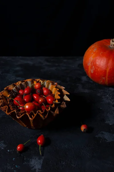明るい秋はまだ暗い背景で生きています ブラックテクスチャテーブルの上のカボチャと赤い果実 — ストック写真