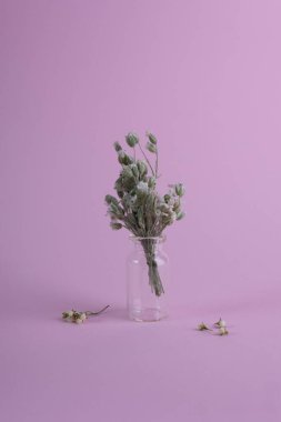 Pembe arka planda bir buket çiçek durgun hayat.