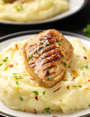 Vejetaryen vejetaryen. Bitki bazlı tavuk göğsü. Patates püresiyle servis ediliyor..