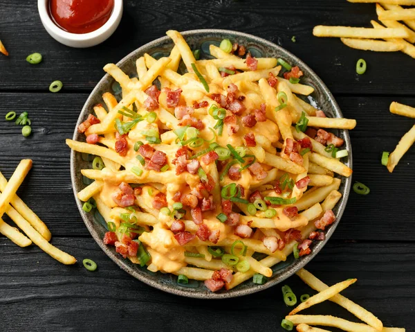 Crispy French Fries Loaded Bacon Cheese Sauce Spring Onion — Stock Photo, Image