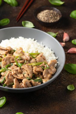 Chinese stir fry pork with ginger sauce, garlic and spring onion. Asian food.