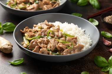 Chinese stir fry pork with ginger sauce, garlic and spring onion. Asian food.