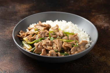 Chinese stir fry pork with ginger sauce, garlic and spring onion. Asian food.