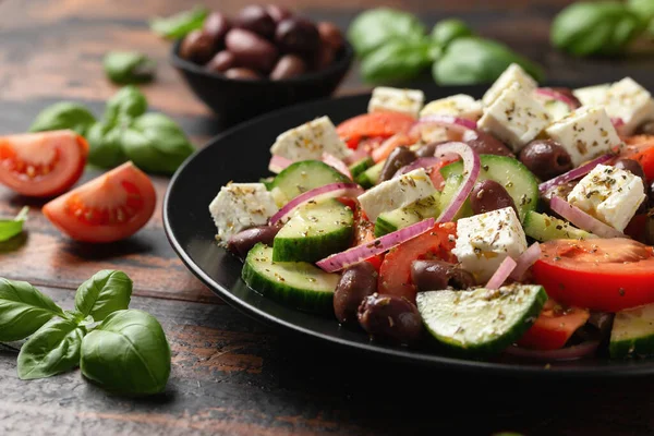 Greek Salad Fresh Vegetables Feta Cheese Kalamata Olives Dried Oregano — Stock Fotó