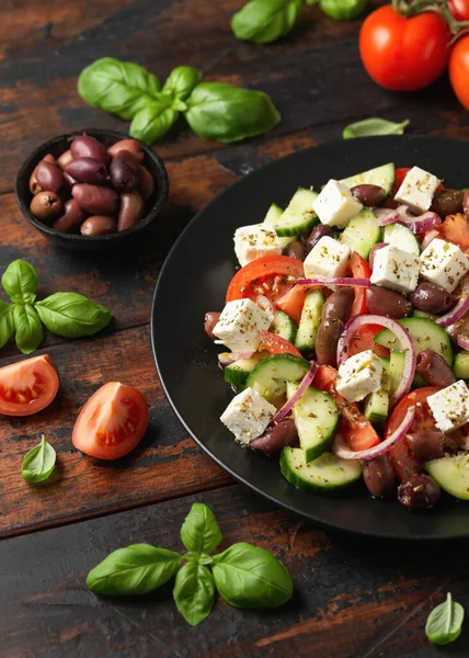 Greek Salad Fresh Vegetables Feta Cheese Kalamata Olives Dried Oregano — стоковое фото