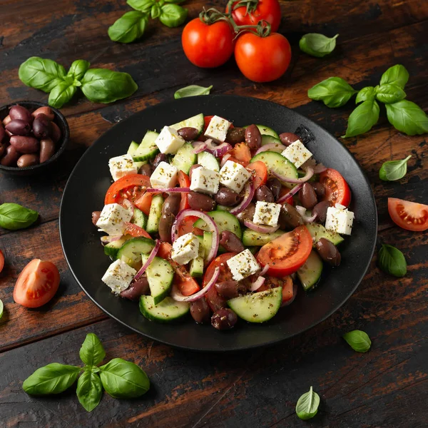 Greek Salad Fresh Vegetables Feta Cheese Kalamata Olives Dried Oregano —  Fotos de Stock