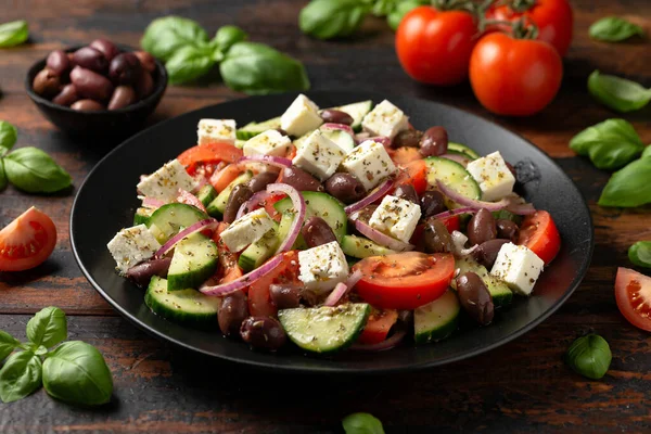Greek Salad Fresh Vegetables Feta Cheese Kalamata Olives Dried Oregano — Stockfoto