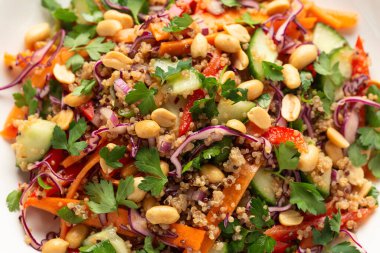 Taze sebzeli, fıstıklı ve otlu Asya kinoa salatası. Sağlıklı yemek.