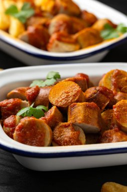 Geleneksel Alman körili sosisi, patates cipsi ve sosla servis edilir..