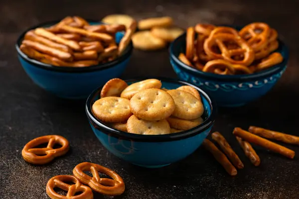 Salty Snacks Crackers Pretzels Bowls Party Food Royalty Free Stock Photos