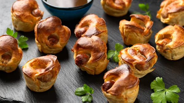 Mini Toad Hole Baked Sausages Yorkshire Pudding Gravy Royalty Free Stock Images