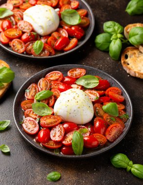 Bitki ve fesleğenli domates Burrata salatası. Sağlıklı yemek..