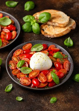 Bitki ve fesleğenli domates Burrata salatası. Sağlıklı yemek..