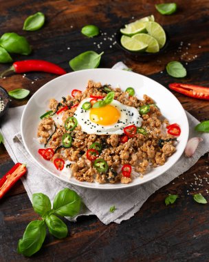 Pad Krapow Gai, Tayland Basil Tavuğu ve pilav ve sahanda yumurta..