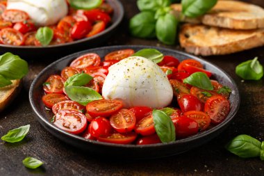 Bitki ve fesleğenli domates Burrata salatası. Sağlıklı yemek..