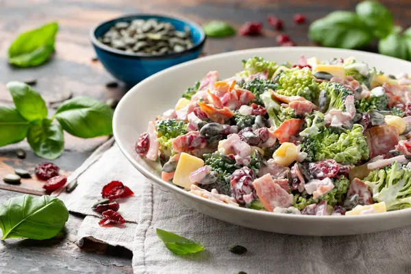 Healthy Homemade Broccoli Salad Bacon Red Onion Cranberries Pumpkin Seeds Stock Image