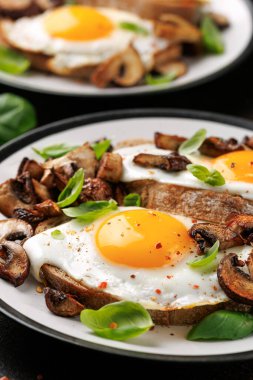 Mantarlı ve kızarmış yumurtalı tost ve otlu kahvaltı..