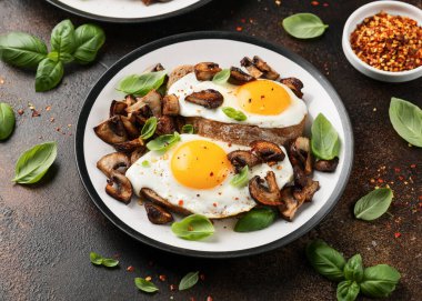 Mantarlı ve kızarmış yumurtalı tost ve otlu kahvaltı..