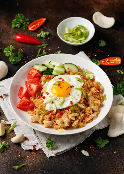 Nasi Goreng, Endonezya usulü kızarmış pilav, tavuk ve yumurta. Asya yemekleri.