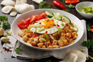 Nasi Goreng, Endonezya usulü kızarmış pilav, tavuk ve yumurta. Asya yemekleri.