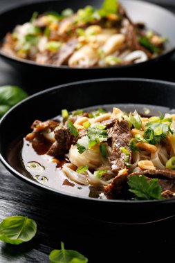 Et ve sebzeli Tayland Kayığı Erişte Çorbası. Kuai Tiao Ruea.