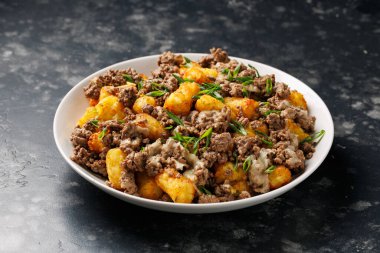 Biftek ve peynirli patates kızartması. Fast food