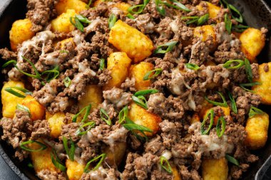 Biftek ve peynirli patates kızartması. Fast food