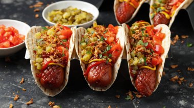 Sosisli, turşulu, domatesli ve kızarmış soğanlı Taco Hot Dog..