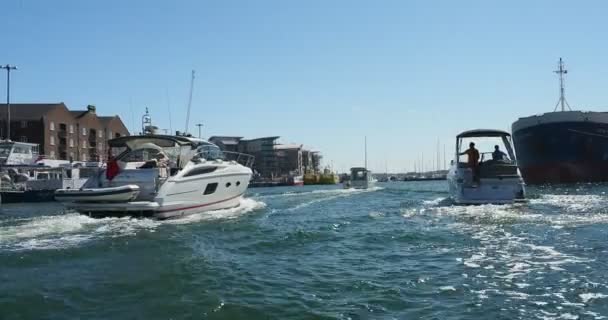 Speedboats Motor Cruisers Heading Out Sea Bright Sunshine Seen Short — Video