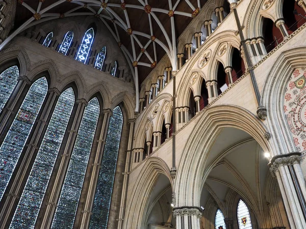 stock image The interior of York Minster showing details of one of the huge stained glass windows