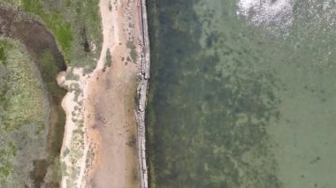 Kıyı şeridi ve marina üzerinde uçarken HD 'li hava filmi doğrudan aşağı bakıyor.