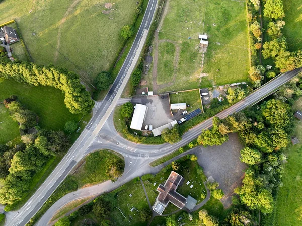 Dones Eye View Directly Rural Deserted Road Junction Church Fields — Stock Photo, Image