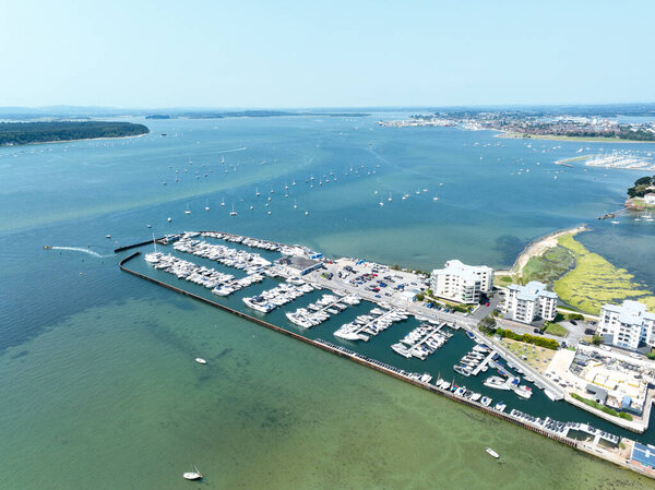 A drones eye view of the extremely expensive property and Marina at Sandbanks on the coast