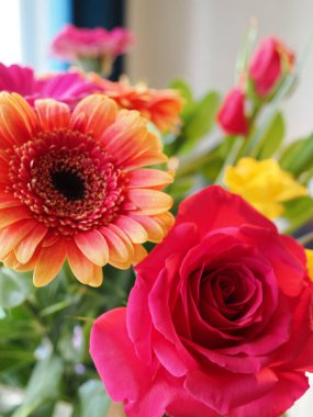 Diğer kesilmiş çiçeklerin bulanık arkaplanlarına karşı canlı pembe bir gül.