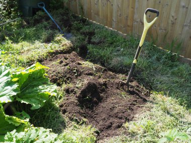 Bir bahçe çatalıyla dikilmeden önce kazılan küçük bir toprak parçası.