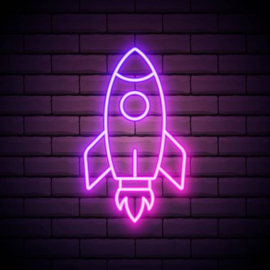 Uzay neon ışığı, parlak tabela, hafif pankart. Kozmik logo neonu, amblem. Vektör illüstrasyonu.